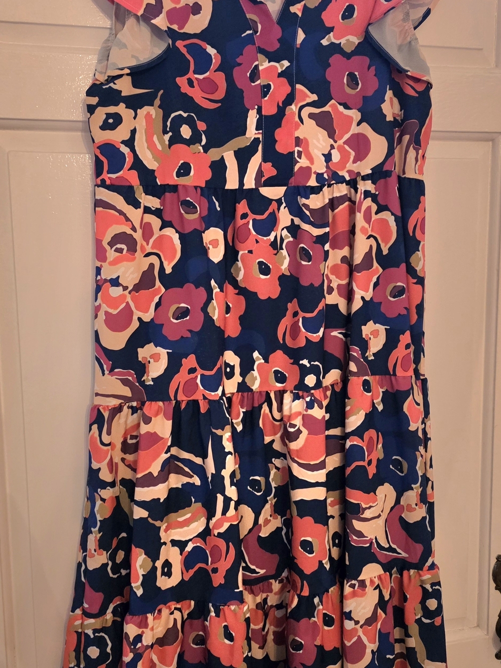 Tiered Floral Midi Skirt in Navy with Coral and Cream Blooms